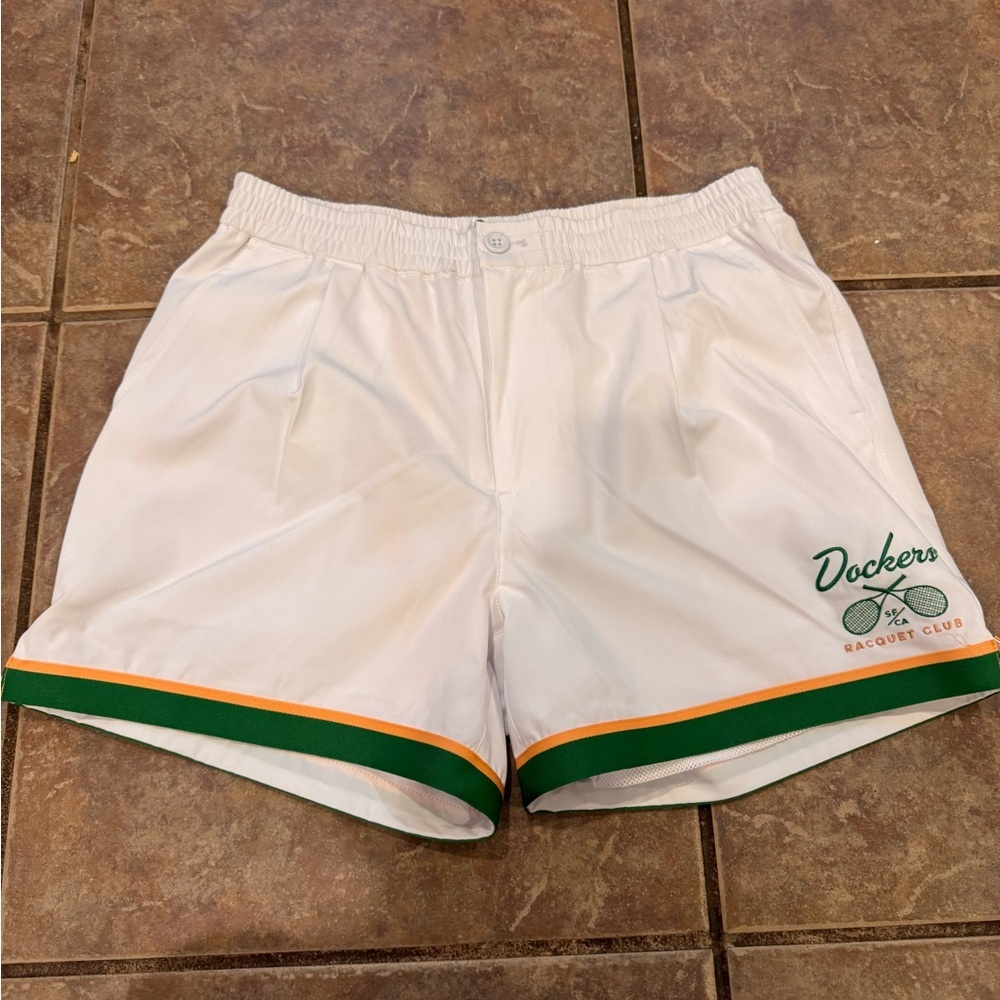 NWT Dockers White Shorts with Green and Orange Accents Raquet Club